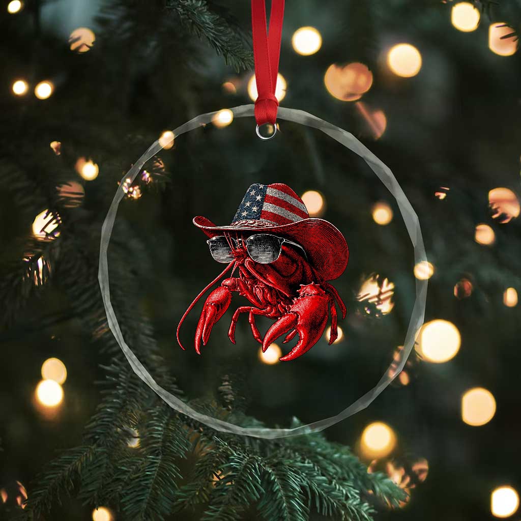 Funny Western Country Crawfish Lover Graphic Crystal Glass Ornament American Flag Cowboy Lobster Patriotic Cajun Season