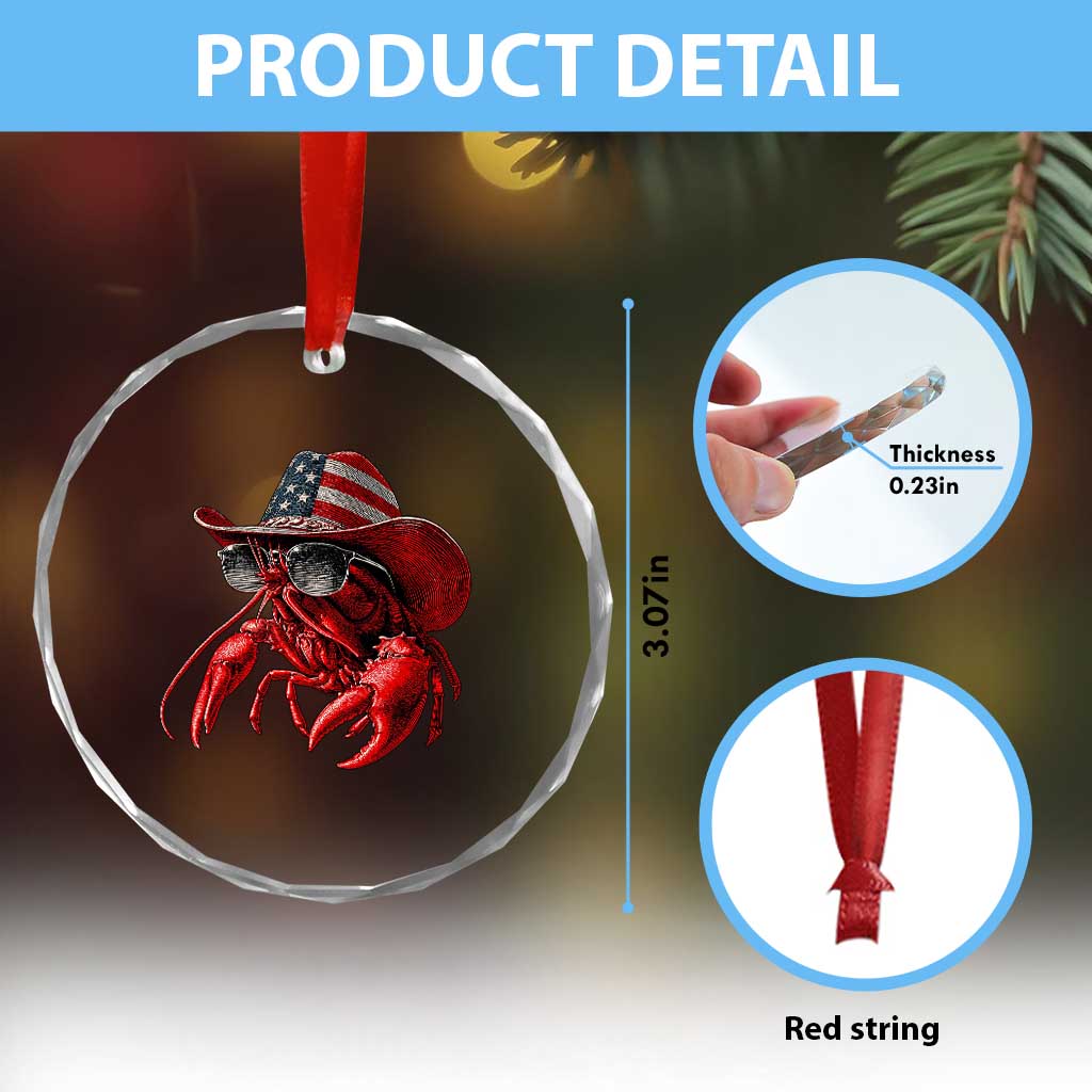 Funny Western Country Crawfish Lover Graphic Crystal Glass Ornament American Flag Cowboy Lobster Patriotic Cajun Season