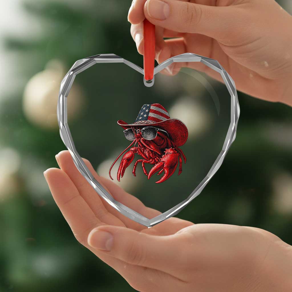 Funny Western Country Crawfish Lover Graphic Heart Crystal Glass Ornament American Flag Cowboy Lobster Patriotic Cajun Season