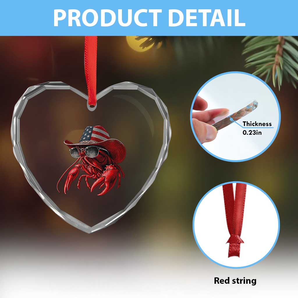 Funny Western Country Crawfish Lover Graphic Heart Crystal Glass Ornament American Flag Cowboy Lobster Patriotic Cajun Season