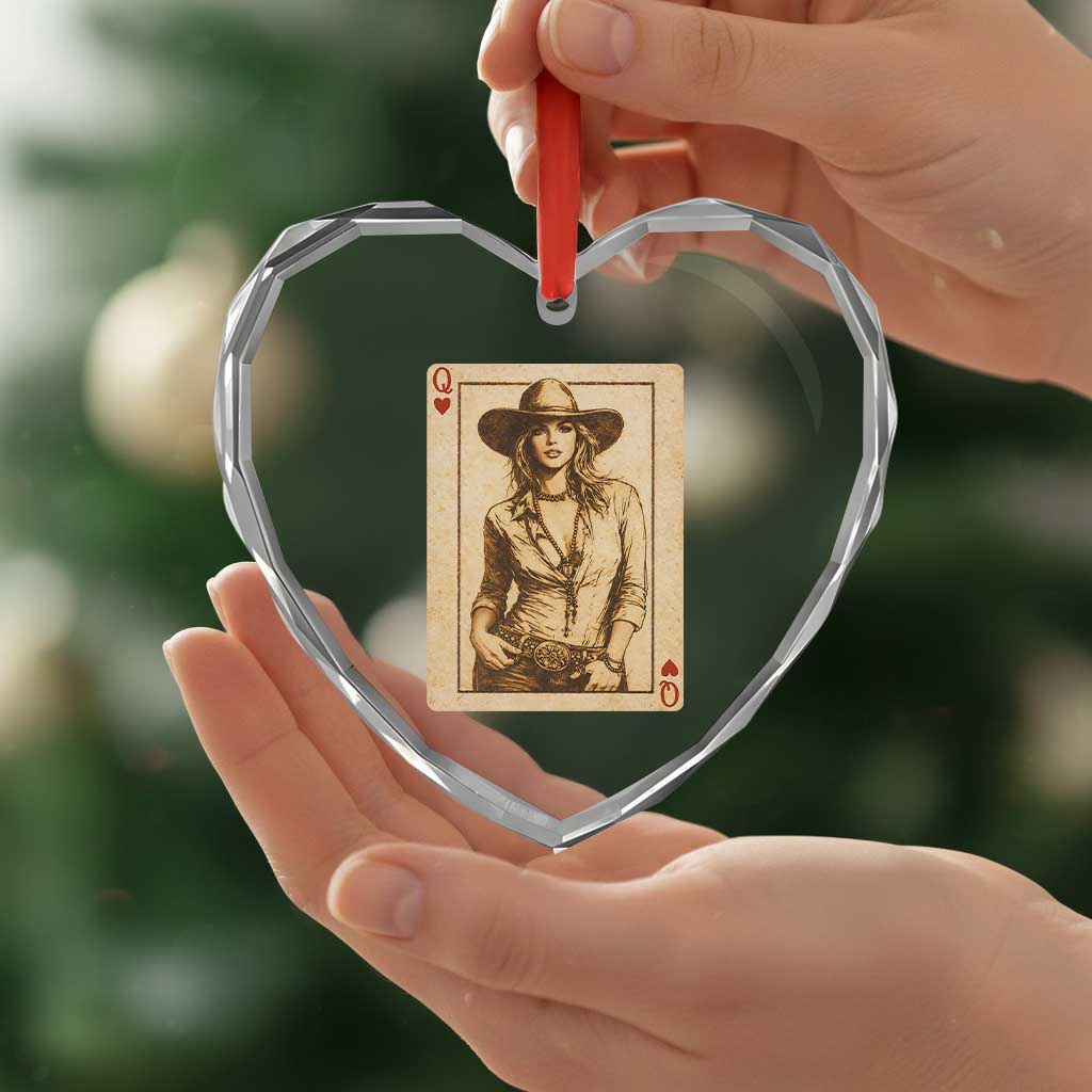 Funny Western Valentine Cowgirl Queen of Hearts Card Heart Crystal Glass Ornament