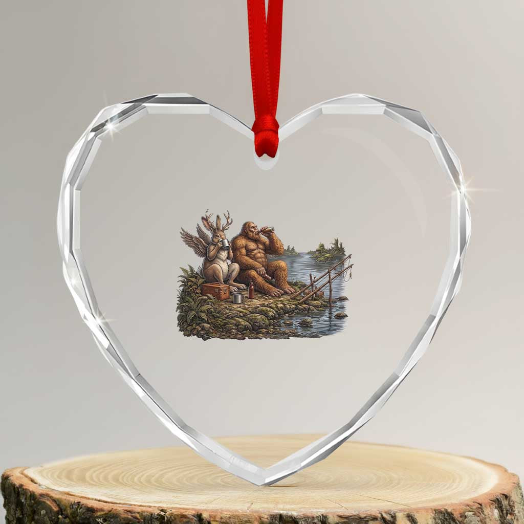 Funny Wolpertinger Bigfoot Fishing Heart Crystal Glass Ornament Beer Drinking Cryptid Fisherman Gift