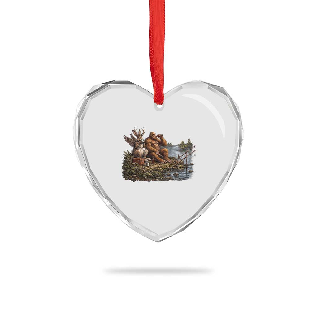 Funny Wolpertinger Bigfoot Fishing Heart Crystal Glass Ornament Beer Drinking Cryptid Fisherman Gift