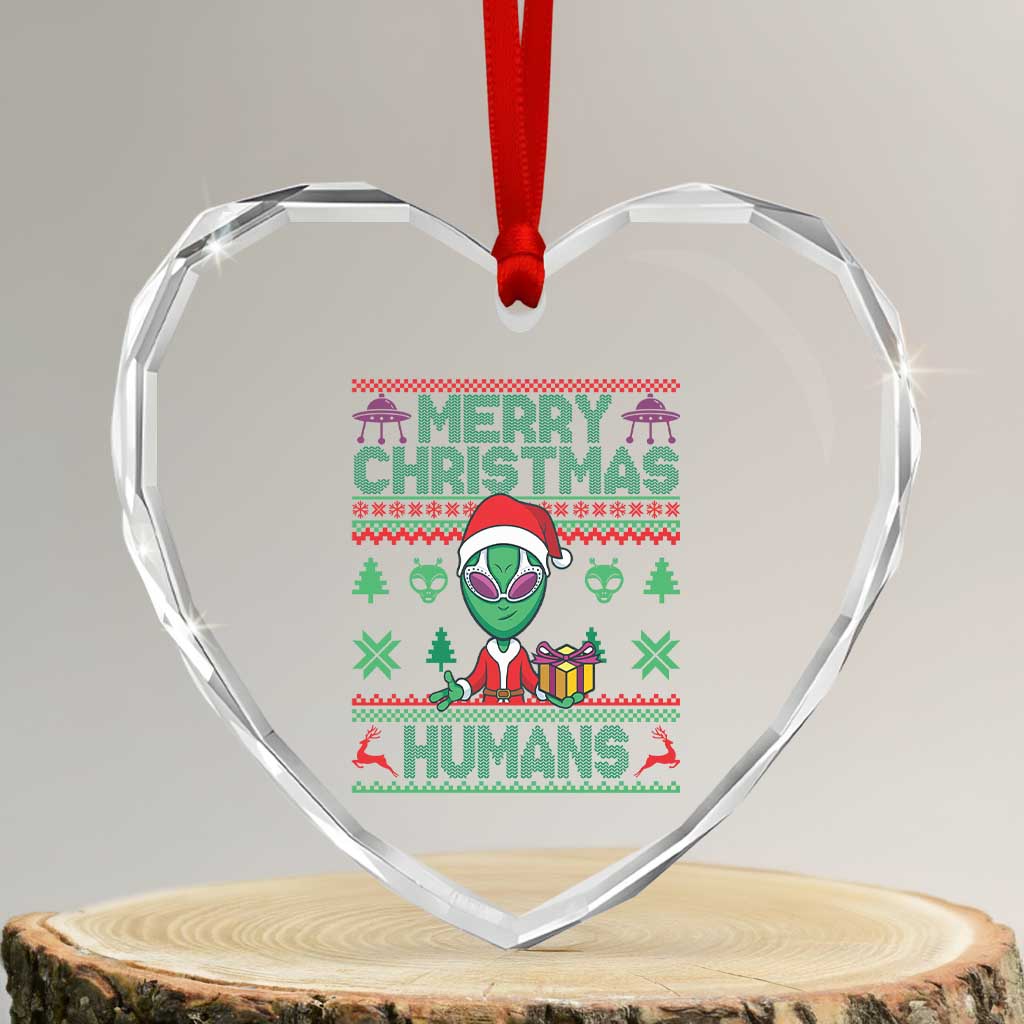 Funny Xmas Alien Santa Heart Crystal Glass Ornament Merry Christmas Humans UFO Outer Space - Wonder Print Shop