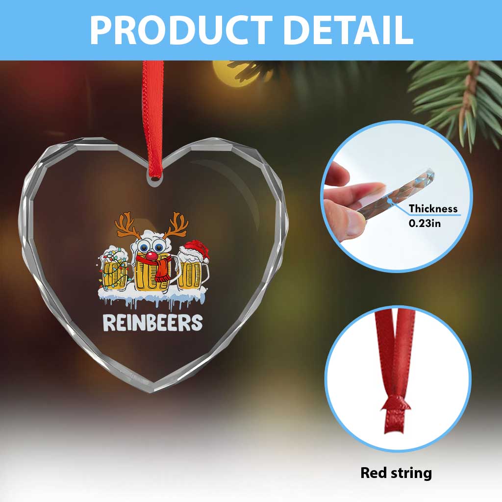 Funny Xmas Beer Heart Crystal Glass Ornament Reinbeers Reindeer Drinking Beer - Wonder Print Shop