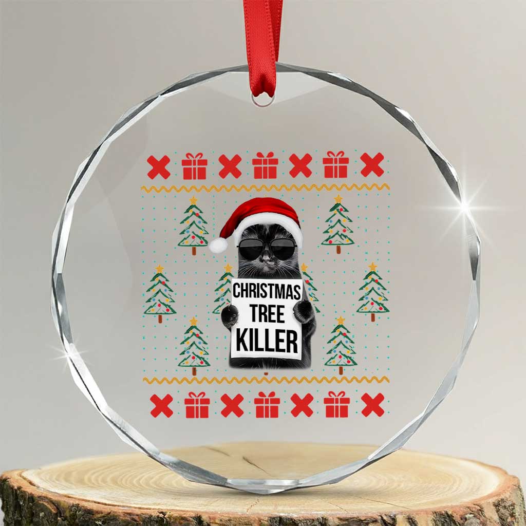 Funny Xmas Black Cat Crystal Glass Ornament Xmas Tree Killer Santa Kitten TS12