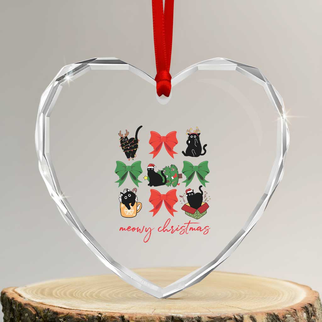 Funny Xmas Black Cat Heart Crystal Glass Ornament Meowy Christmas Cute Cats Coquette Bow - Wonder Print Shop