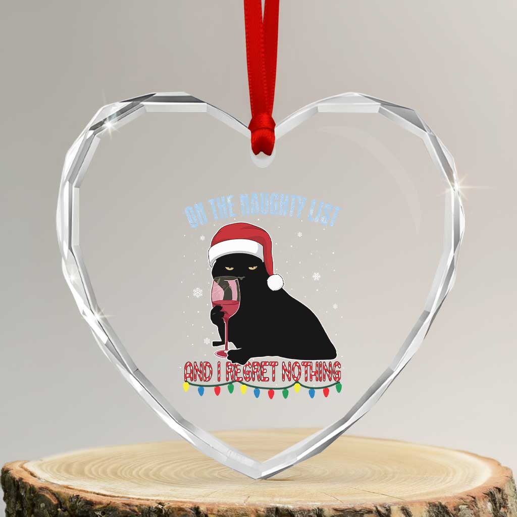 Funny Xmas Black Cat Heart Crystal Glass Ornament On The Naughty List And I Regret Nothing Candy Cane - Wonder Print Shop