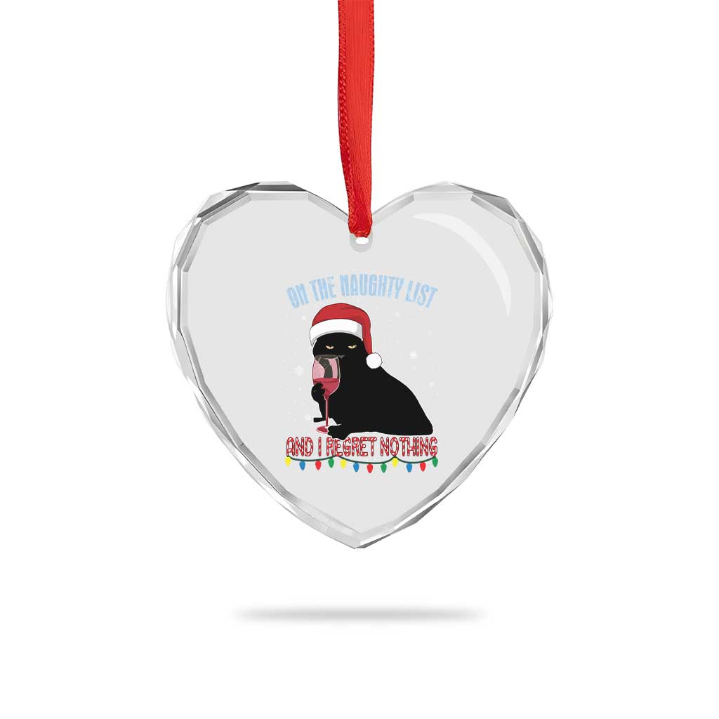 Funny Xmas Black Cat Heart Crystal Glass Ornament On The Naughty List And I Regret Nothing Candy Cane - Wonder Print Shop