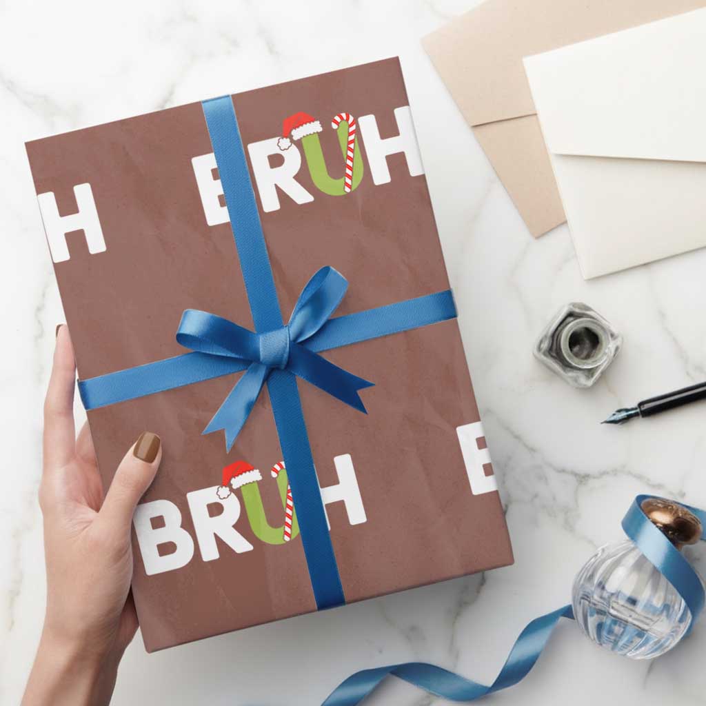 Funny Xmas Bruh Wrapping Paper Roll Candy Cane Santa Hat Festive Xmas Matching