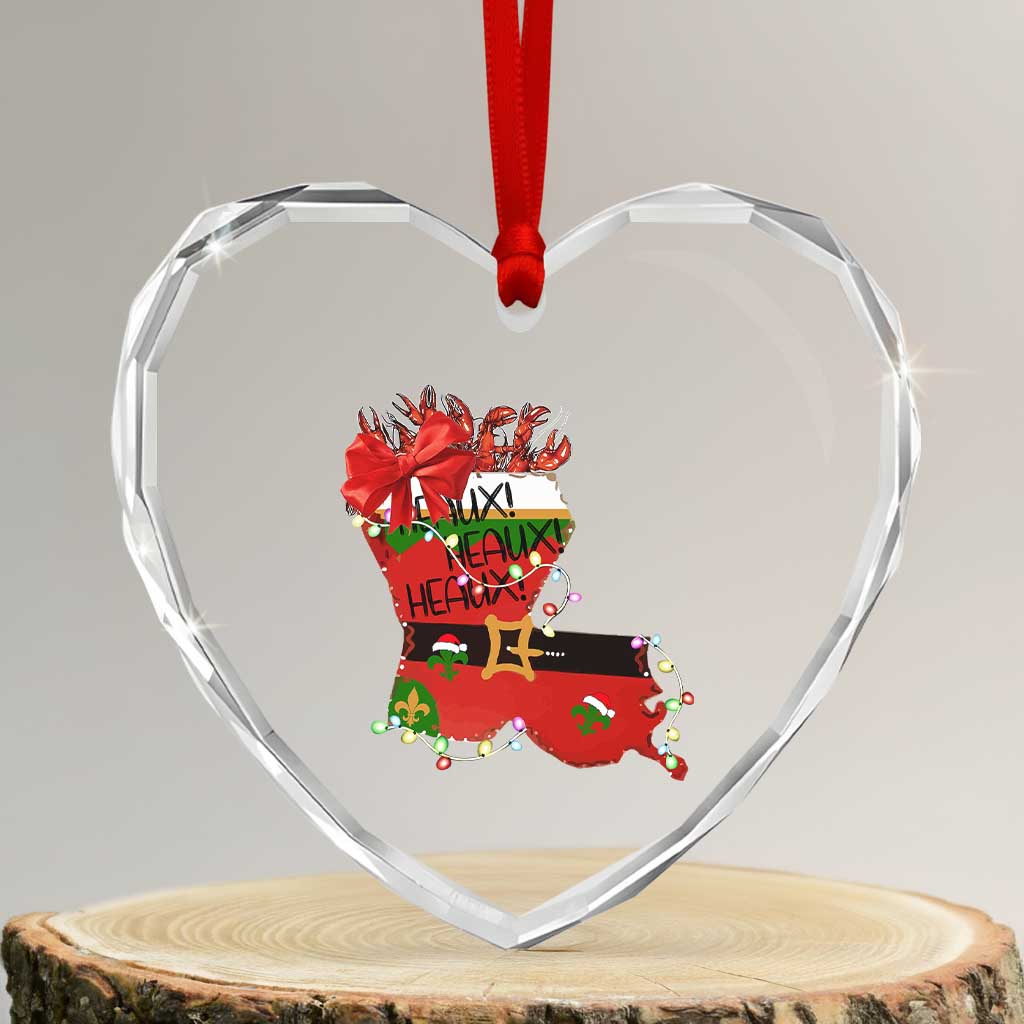 Funny Xmas Cajun Heart Crystal Glass Ornament Triple Heaux Santa Louisiana Map Crawfish - Wonder Print Shop