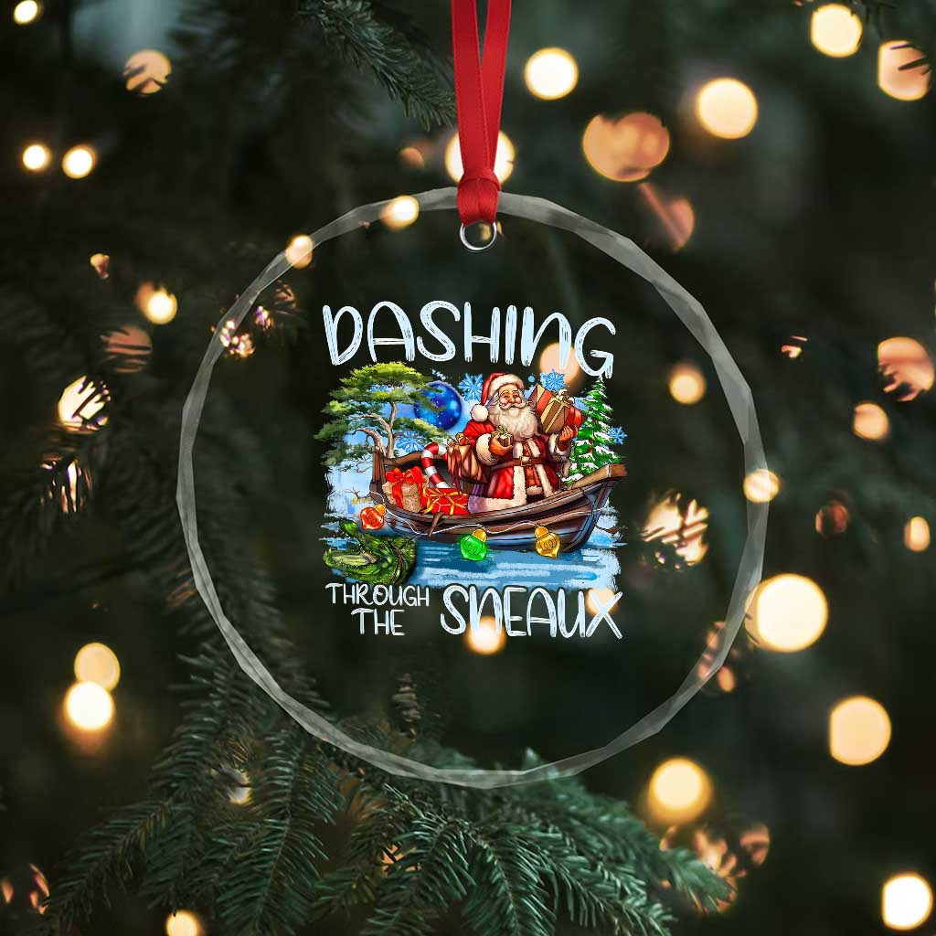 Funny Xmas Cajun Louisiana Crystal Glass Ornament Dashing Through The Sneaux Santa Alligator TS11