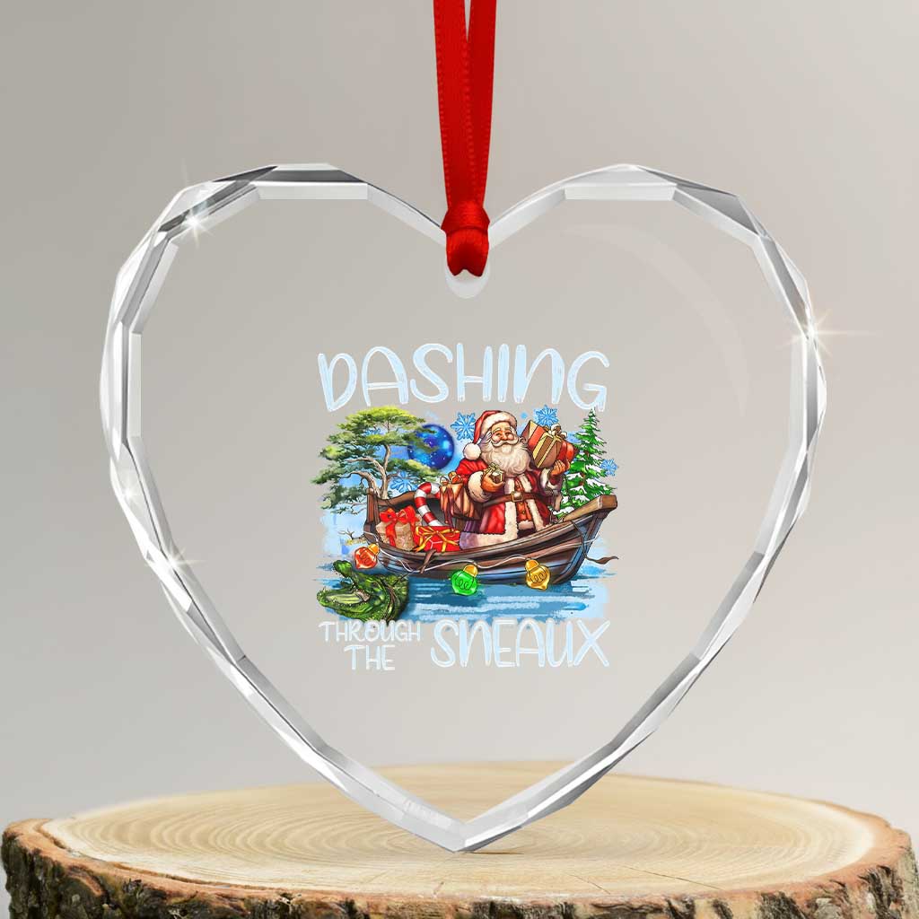 Funny Xmas Cajun Louisiana Heart Crystal Glass Ornament Dashing Through The Sneaux Santa Alligator - Wonder Print Shop