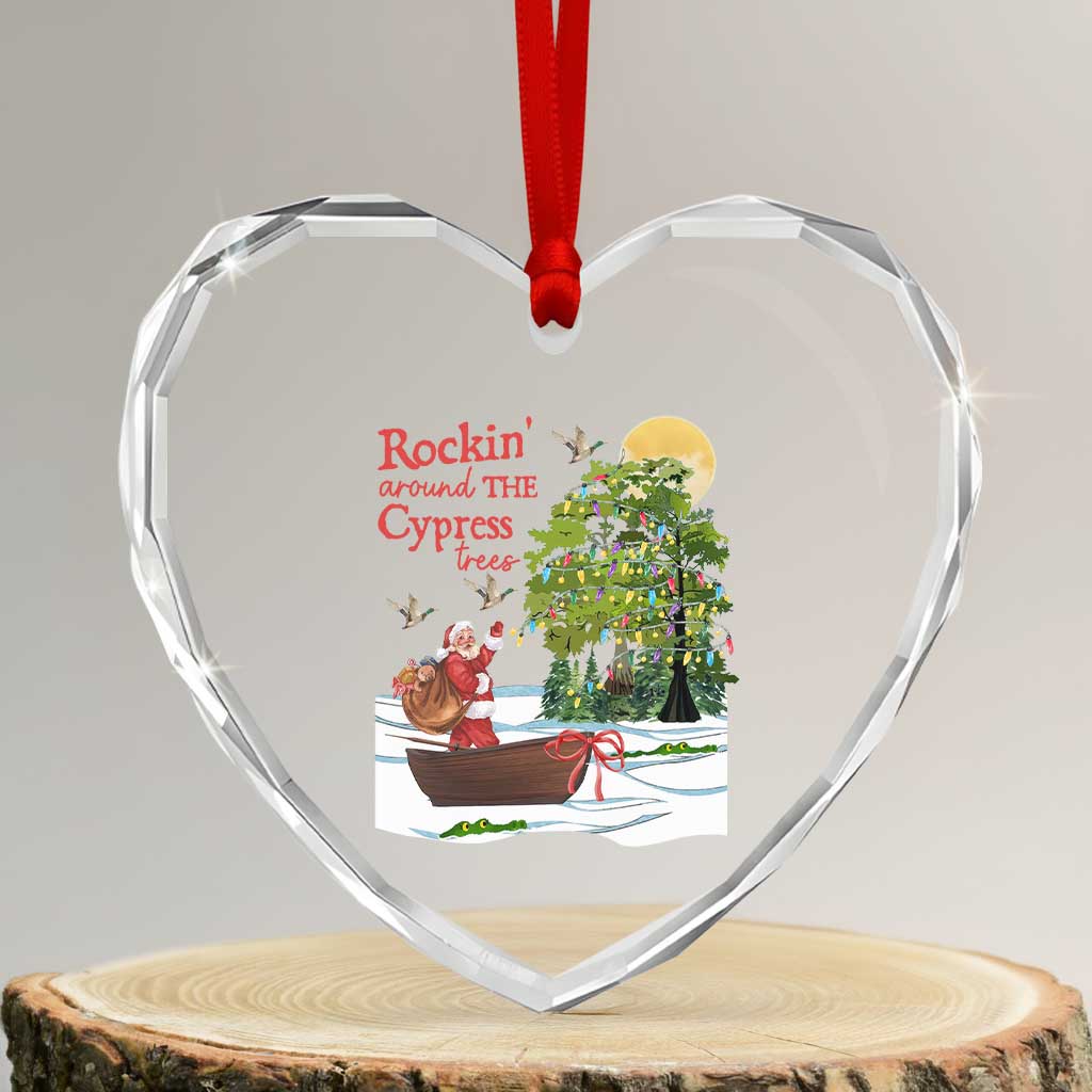 Funny Xmas Cajun Louisiana Heart Crystal Glass Ornament Rockin' Around The Cypress Trees Santa Alligator - Wonder Print Shop
