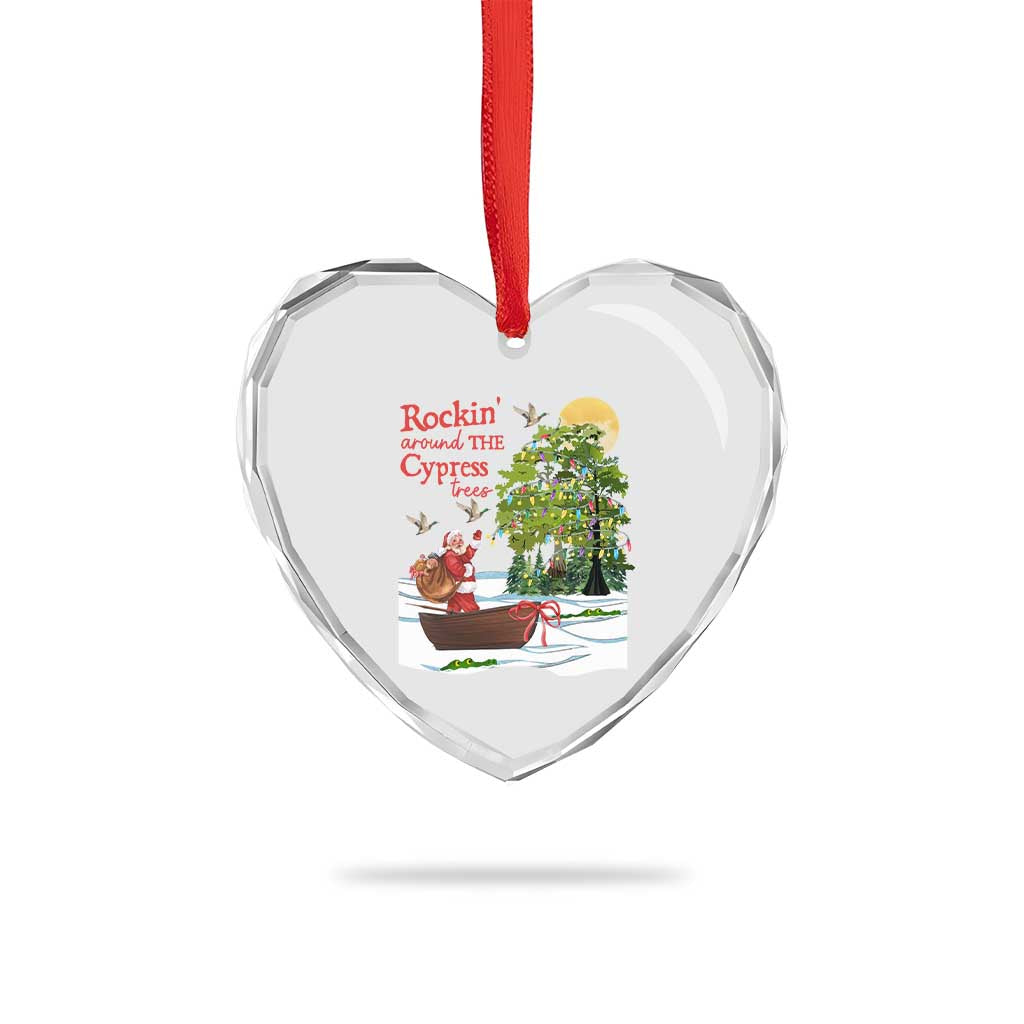 Funny Xmas Cajun Louisiana Heart Crystal Glass Ornament Rockin' Around The Cypress Trees Santa Alligator - Wonder Print Shop
