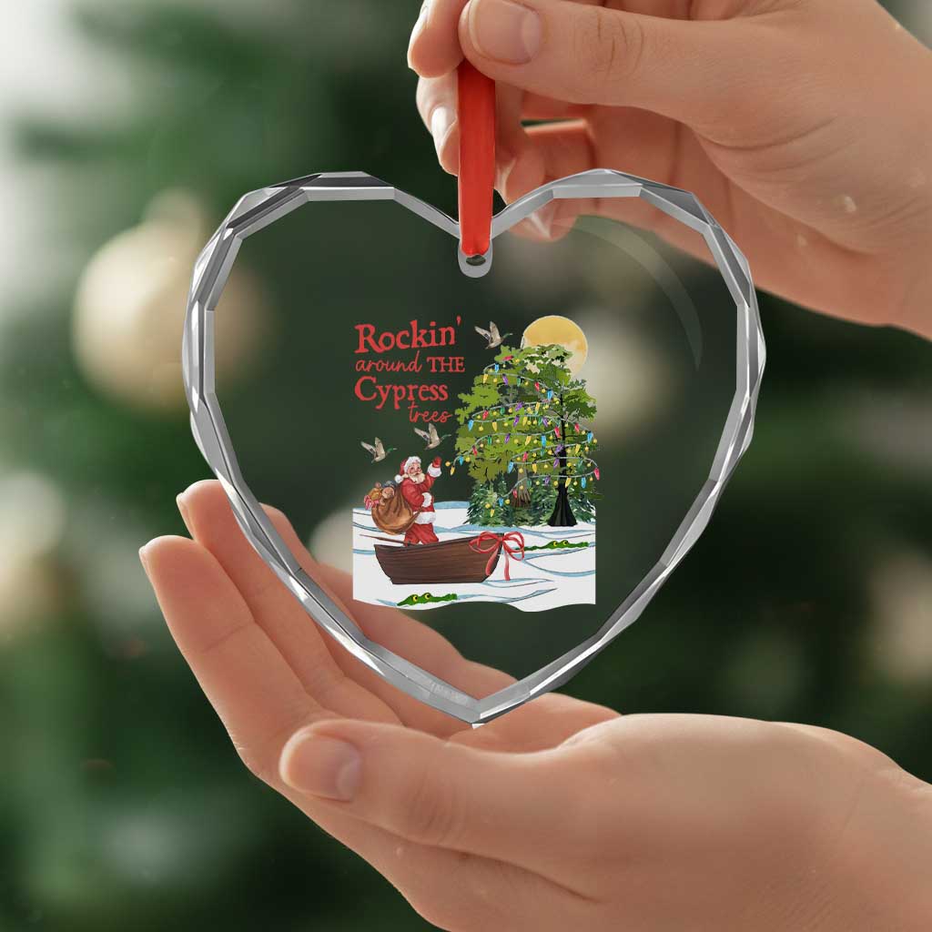 Funny Xmas Cajun Louisiana Heart Crystal Glass Ornament Rockin' Around The Cypress Trees Santa Alligator - Wonder Print Shop