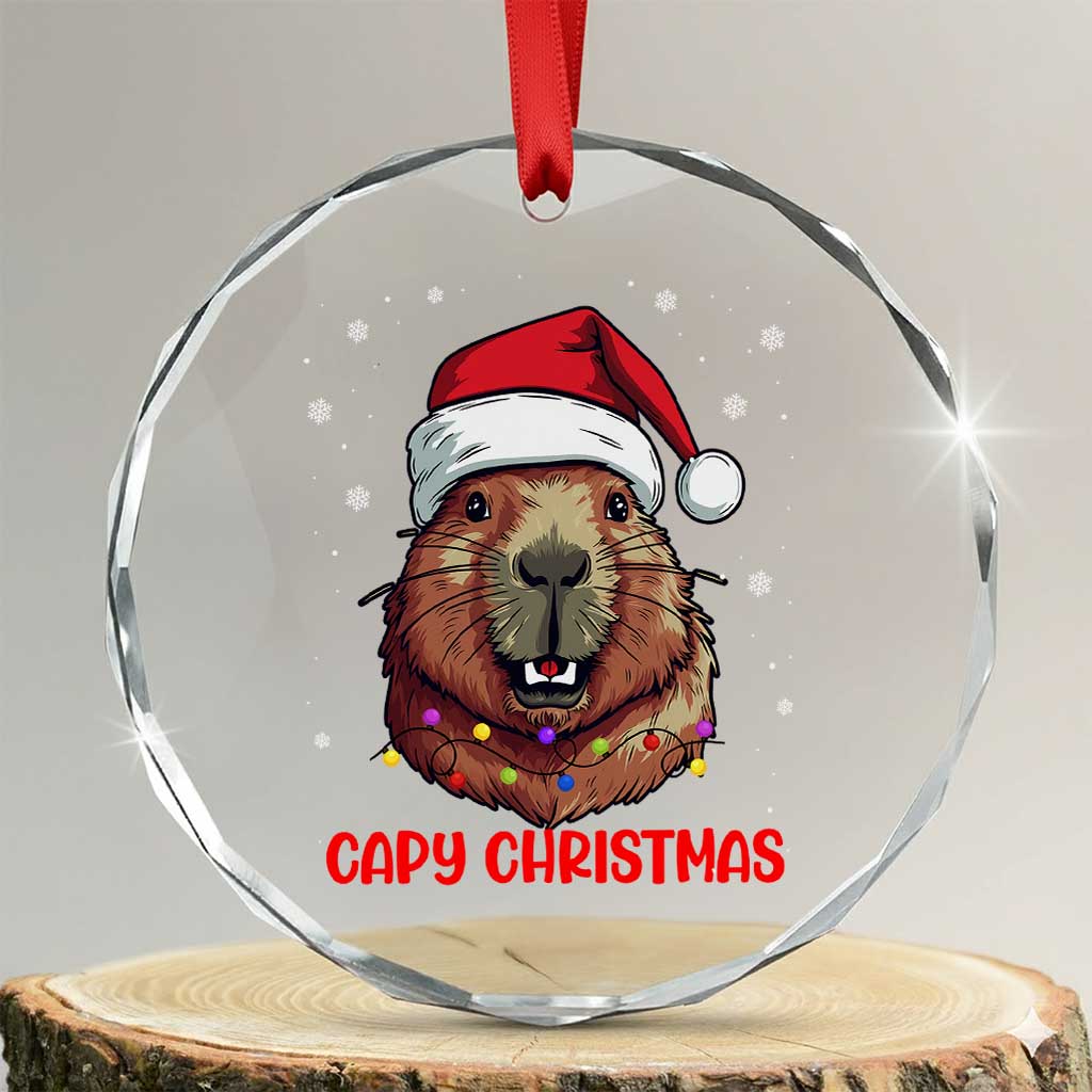 Funny Xmas Capybara Crystal Glass Ornament Capy Xmas Meme Santa Hat - Wonder Print Shop