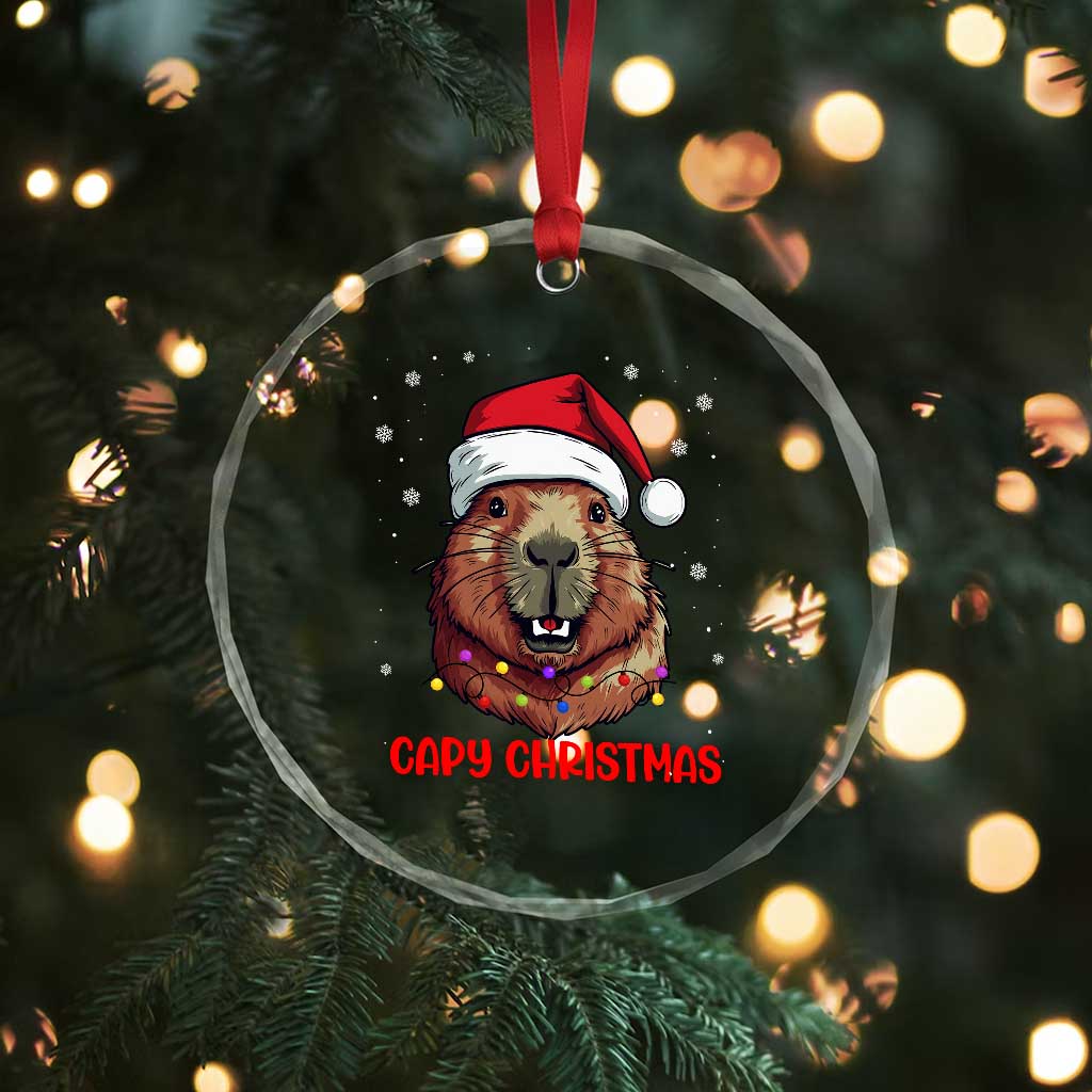 Funny Xmas Capybara Crystal Glass Ornament Capy Xmas Meme Santa Hat TS02
