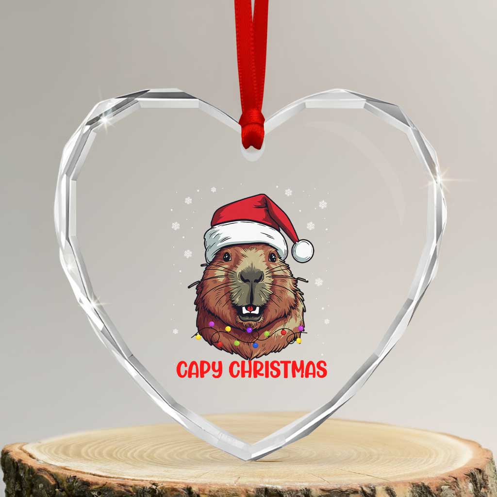 Funny Xmas Capybara Heart Crystal Glass Ornament Capy Xmas Meme Santa Hat - Wonder Print Shop