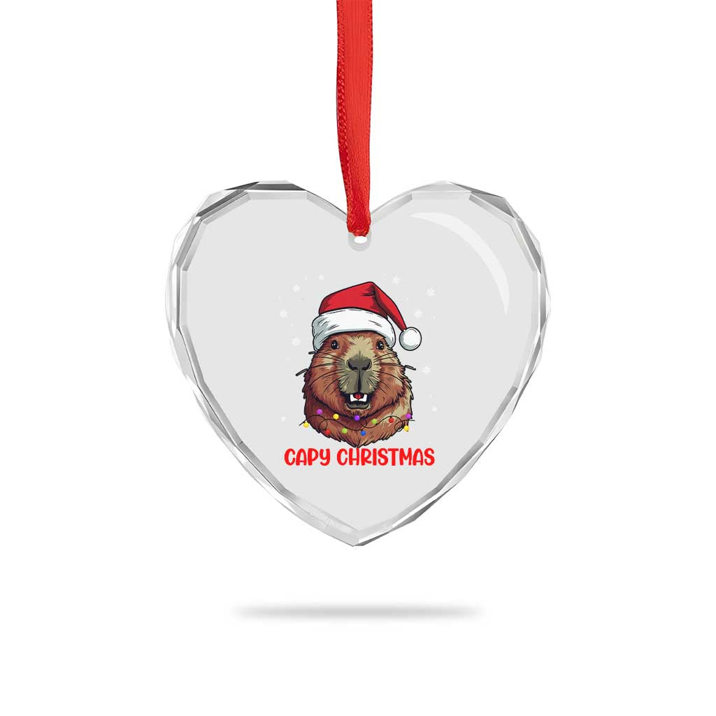 Funny Xmas Capybara Heart Crystal Glass Ornament Capy Xmas Meme Santa Hat - Wonder Print Shop