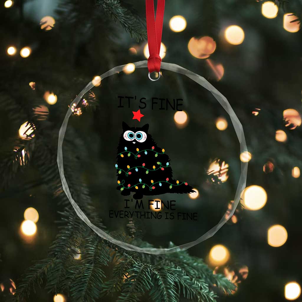 Funny Xmas Cat Crystal Glass Ornament It's Fine I'm Fine Everything Is Fine Meowy Catmas Xmas TS10