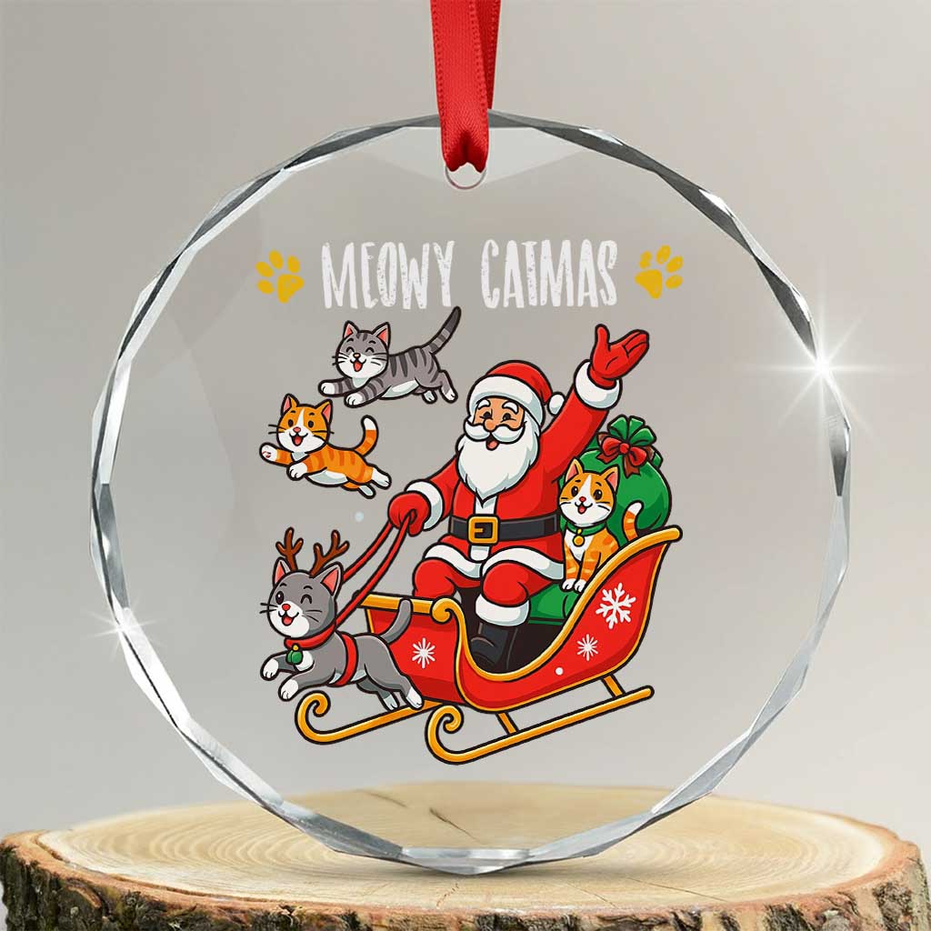 Funny Xmas Cat Crystal Glass Ornament Meowy Catmas Santa Sleigh Xmas TS12