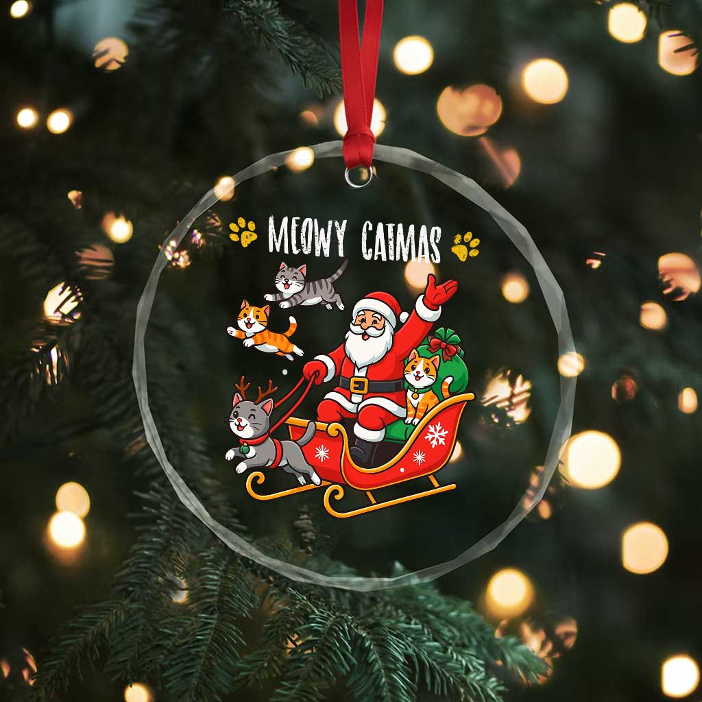 Funny Xmas Cat Crystal Glass Ornament Meowy Catmas Santa Sleigh Xmas TS12
