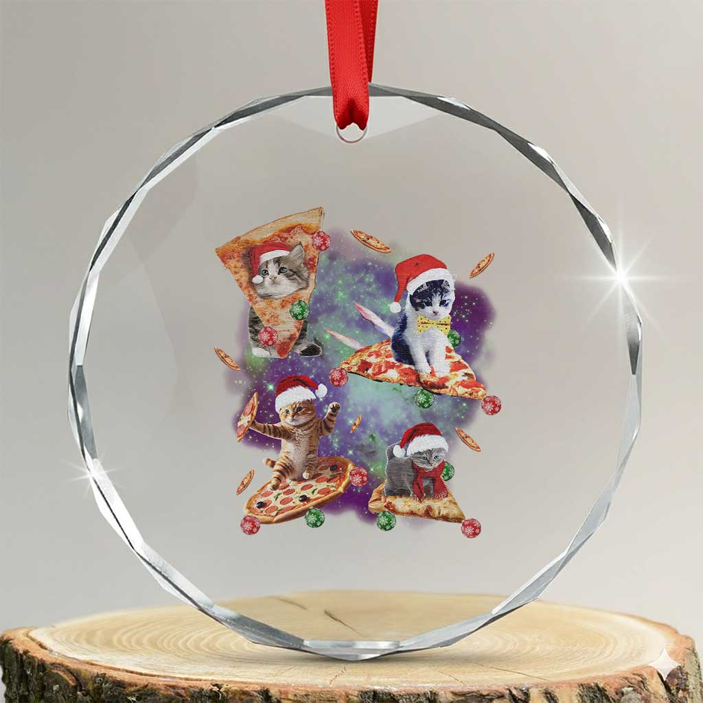 Funny Xmas Cat Crystal Glass Ornament Santa Cat Riding Pizza Galaxy Outer Space TS09