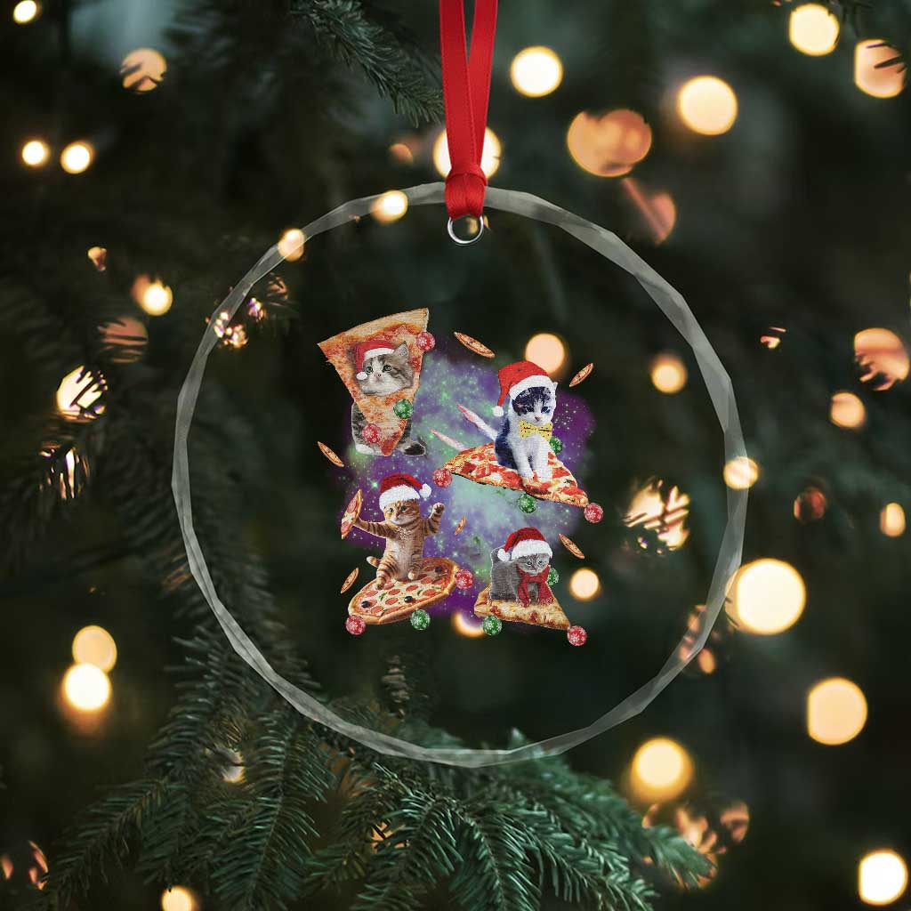 Funny Xmas Cat Crystal Glass Ornament Santa Cat Riding Pizza Galaxy Outer Space TS09