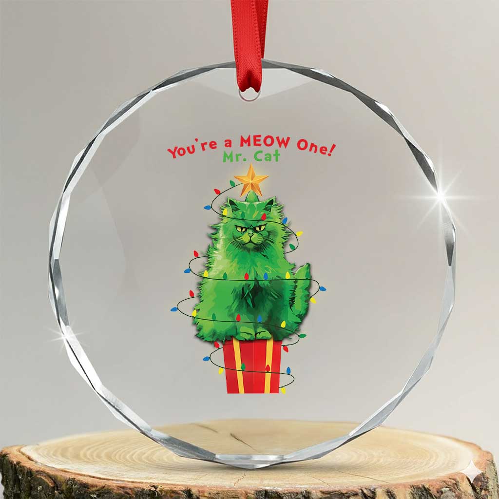 Funny Xmas Cat Crystal Glass Ornament You Are A Meow One Mr. Cat Green Cat TS09