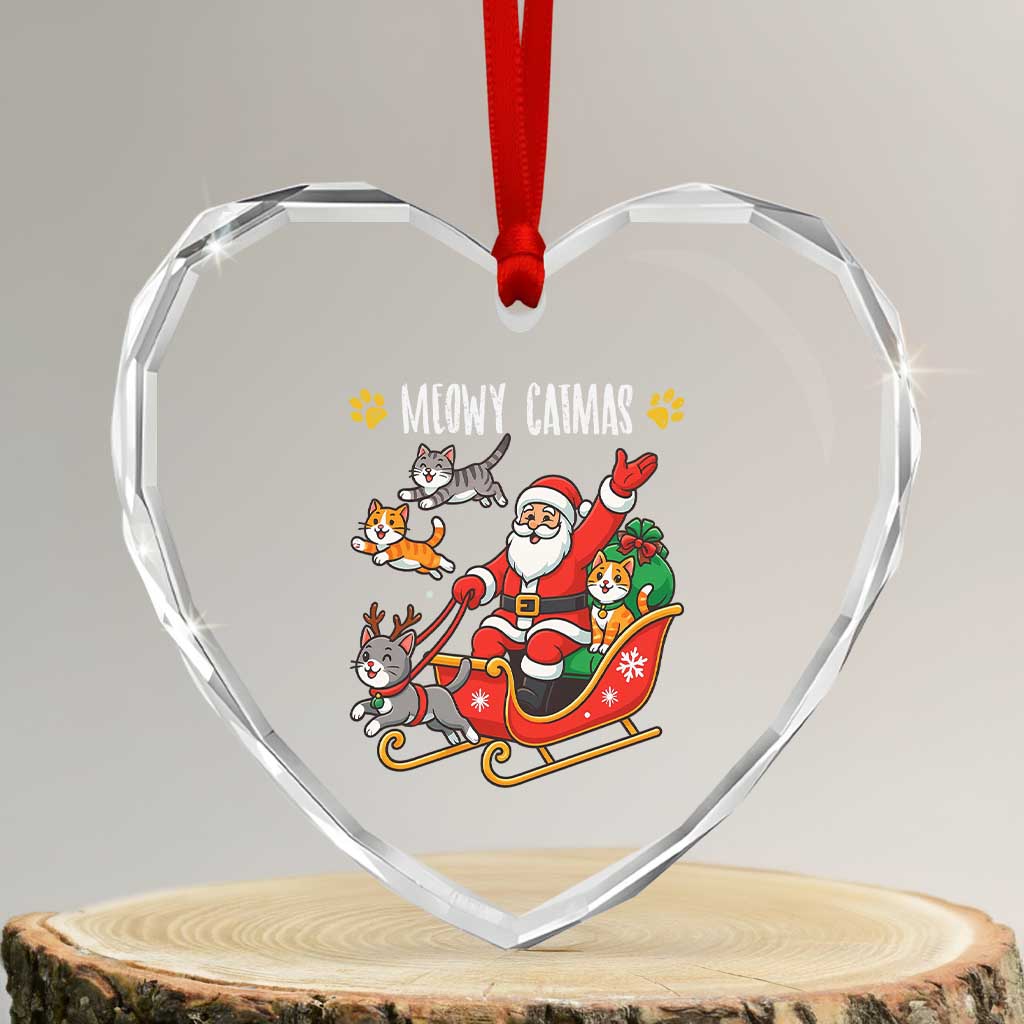 Funny Xmas Cat Heart Crystal Glass Ornament Meowy Catmas Santa Sleigh Xmas - Wonder Print Shop
