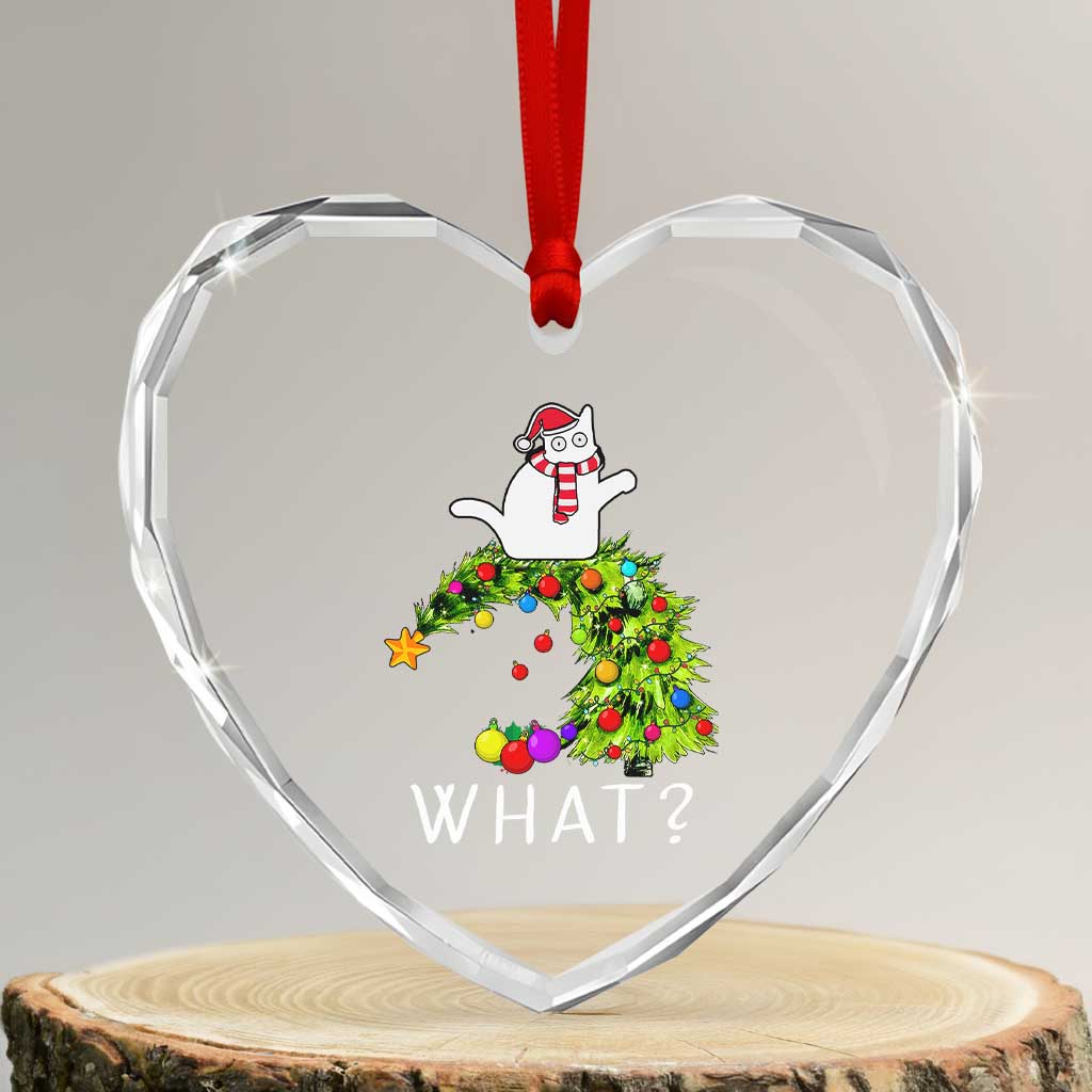 Funny Xmas Cat Heart Crystal Glass Ornament What? Mischievous Cat Pushing Christmas Tree - Wonder Print Shop