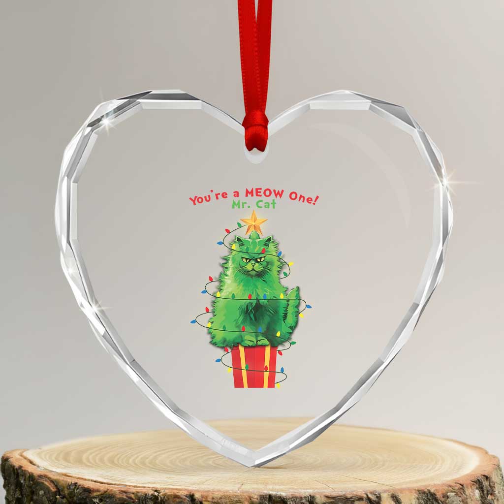 Funny Xmas Cat Heart Crystal Glass Ornament You Are A Meow One Mr. Cat Green Cat - Wonder Print Shop