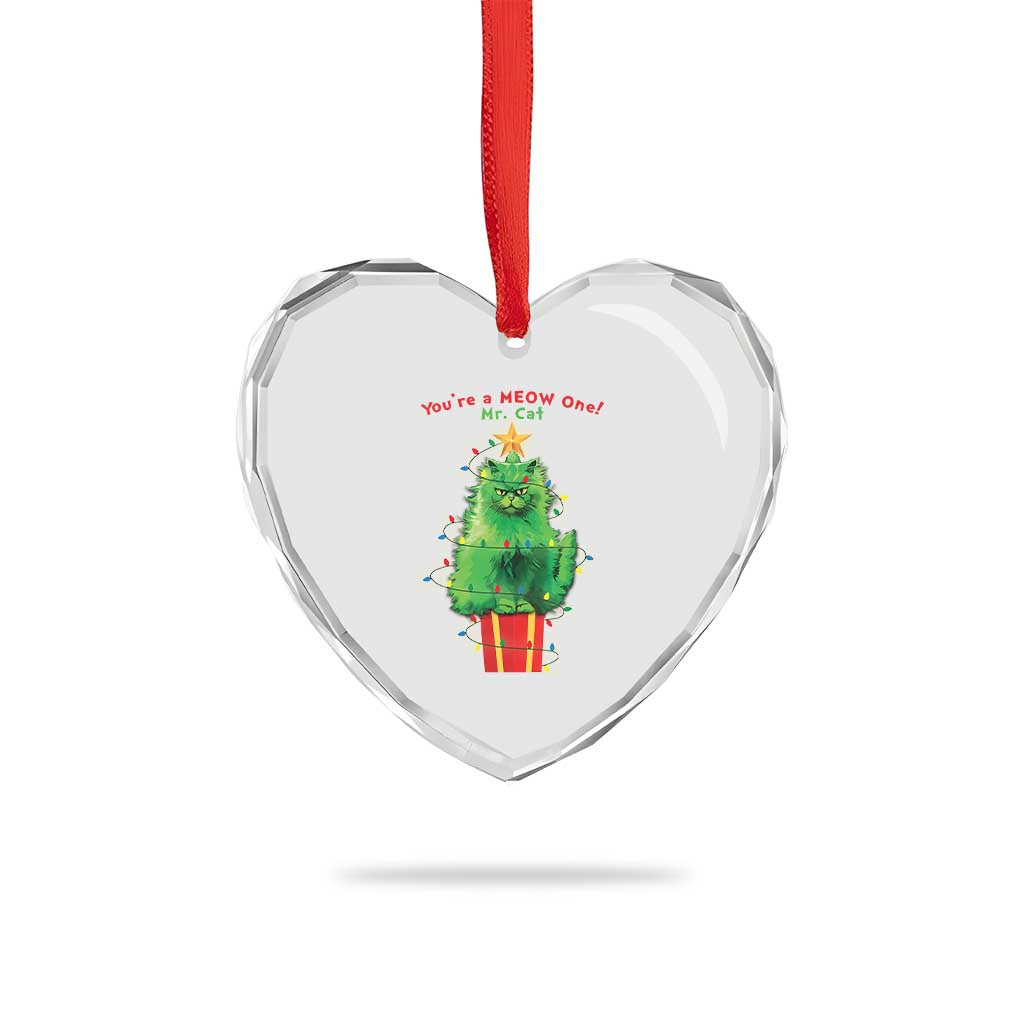 Funny Xmas Cat Heart Crystal Glass Ornament You Are A Meow One Mr. Cat Green Cat - Wonder Print Shop