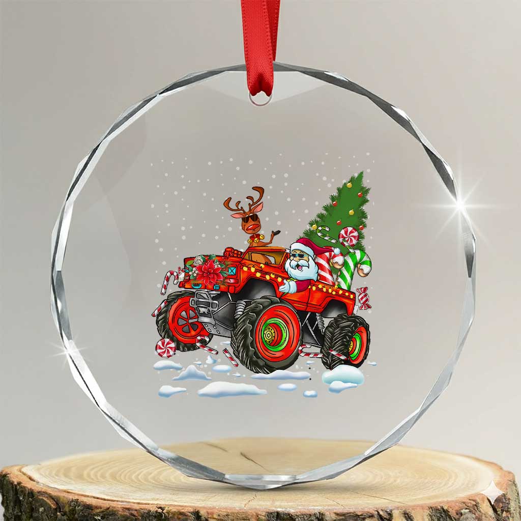 Funny Xmas Crystal Glass Ornament Santa Reindeer Riding Monster Truck TS09