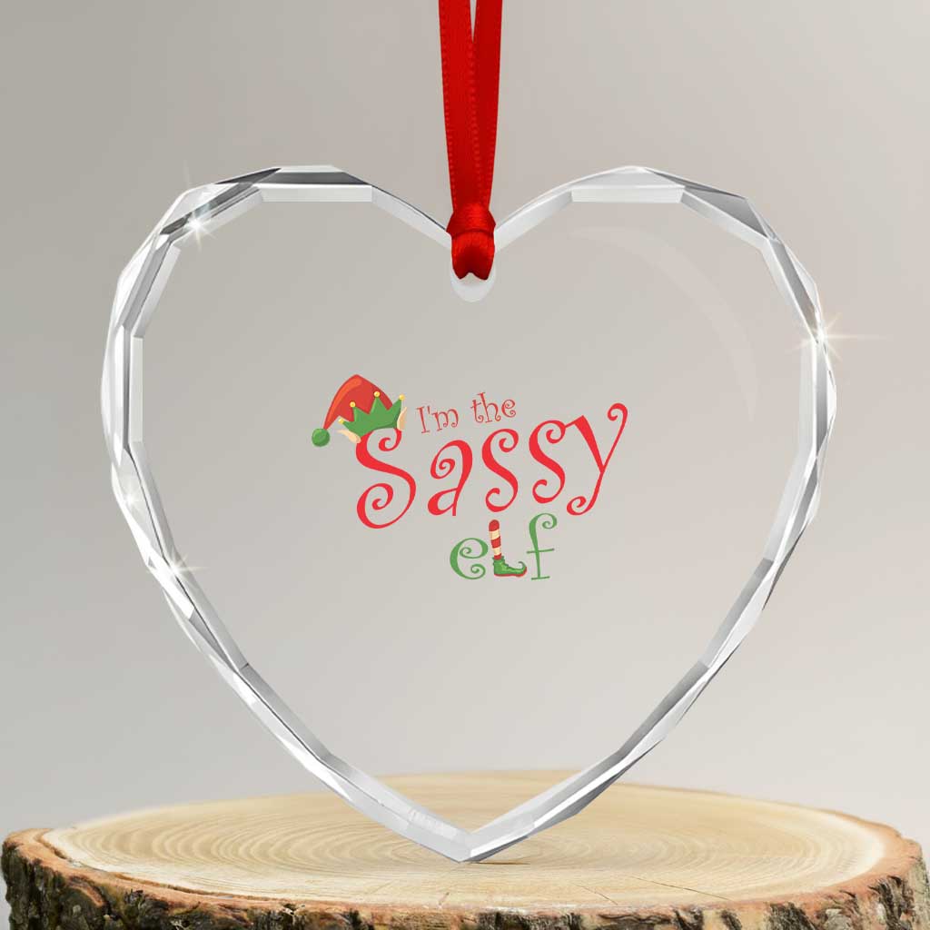 Funny Xmas Elf Heart Crystal Glass Ornament I'm The Sassy Elf Family Matching - Wonder Print Shop