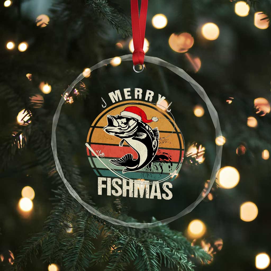 Funny Xmas Fishing Crystal Glass Ornament Merry Fishmas Vintage Sunset Retro TS11