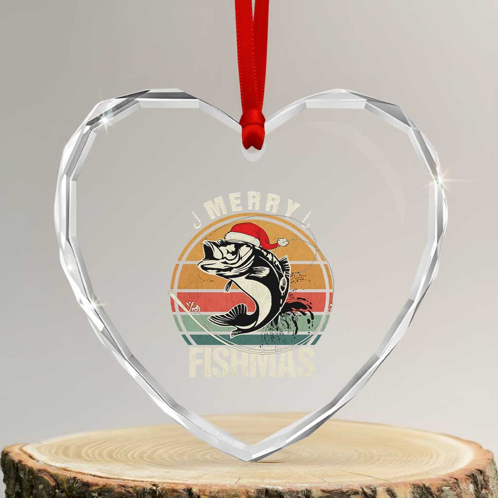 Funny Xmas Fishing Heart Crystal Glass Ornament Merry Fishmas Vintage Sunset Retro - Wonder Print Shop