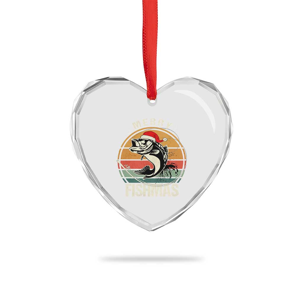 Funny Xmas Fishing Heart Crystal Glass Ornament Merry Fishmas Vintage Sunset Retro - Wonder Print Shop