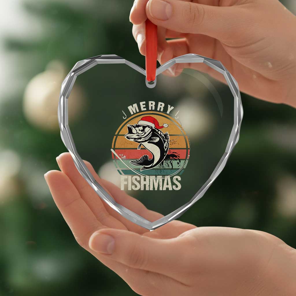 Funny Xmas Fishing Heart Crystal Glass Ornament Merry Fishmas Vintage Sunset Retro - Wonder Print Shop