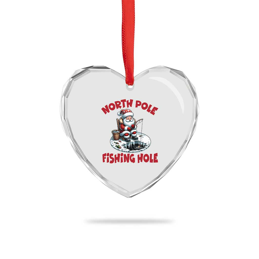 Funny Xmas Fishing Heart Crystal Glass Ornament North Pole Fishing Hole Cute Santa - Wonder Print Shop