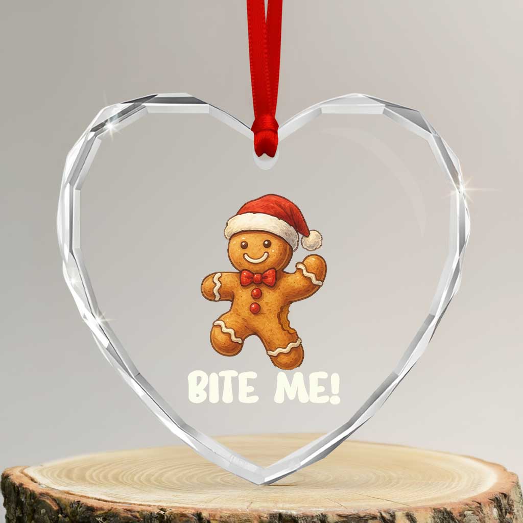 Funny Xmas Gingerbread Man Heart Crystal Glass Ornament Cookie Bite Me - Wonder Print Shop