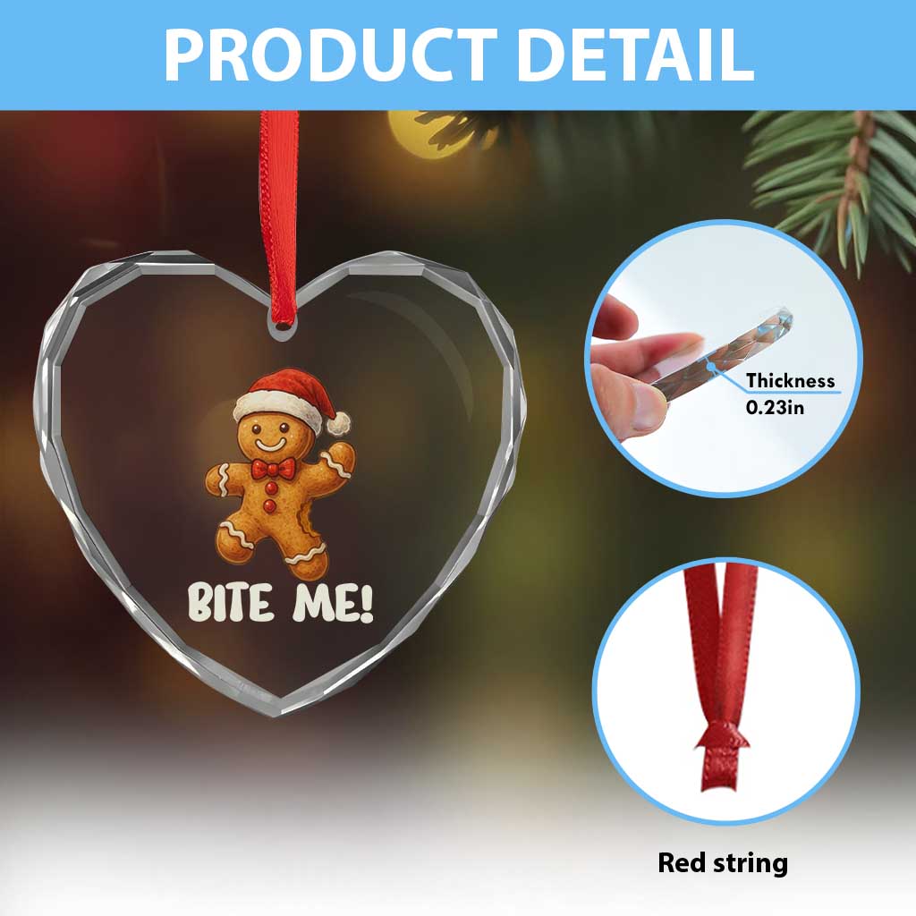Funny Xmas Gingerbread Man Heart Crystal Glass Ornament Cookie Bite Me - Wonder Print Shop