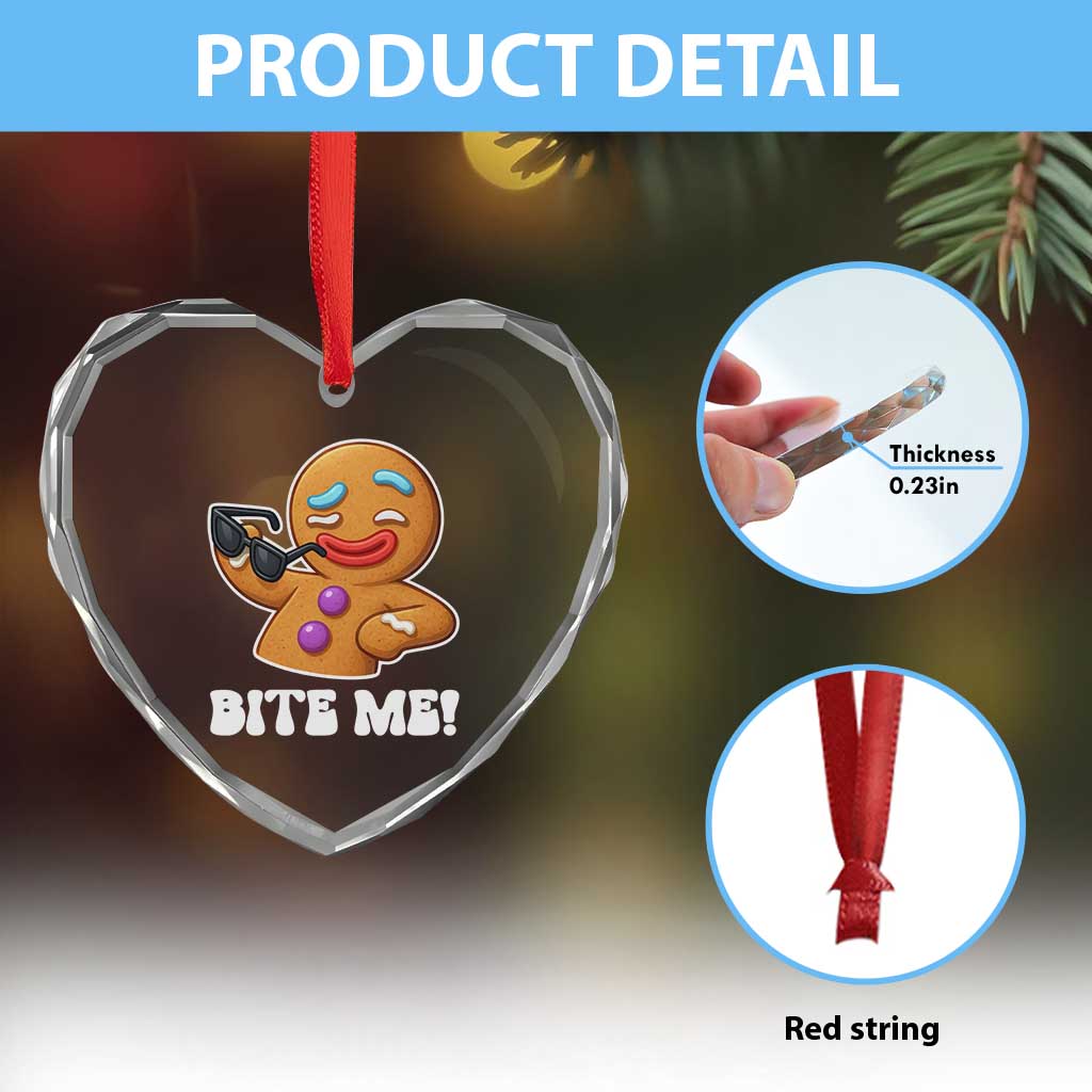 Funny Xmas Gingerbread Man Heart Crystal Glass Ornament Funny Sexy Cookie Bite Me - Wonder Print Shop