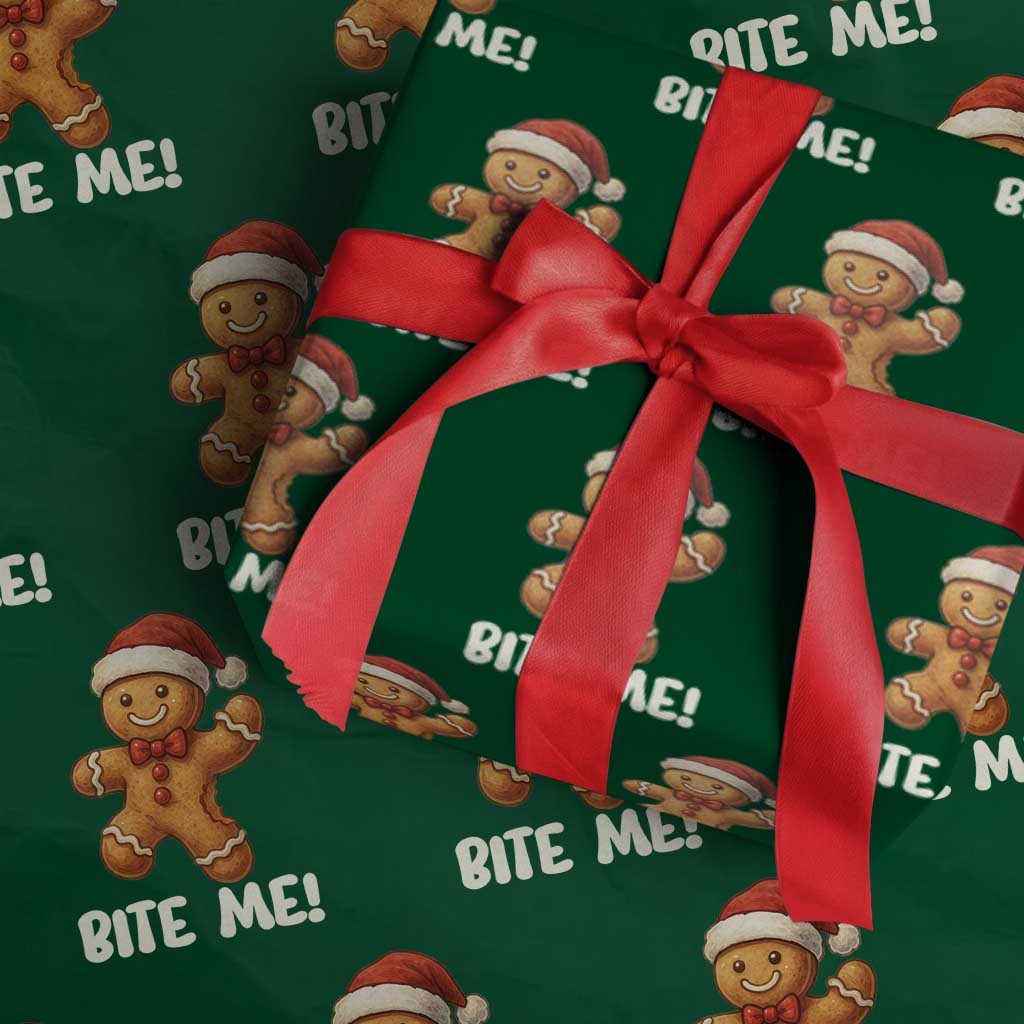 Funny Xmas Gingerbread Man Wrapping Paper Roll Cookie Bite Me - Wonder Print Shop