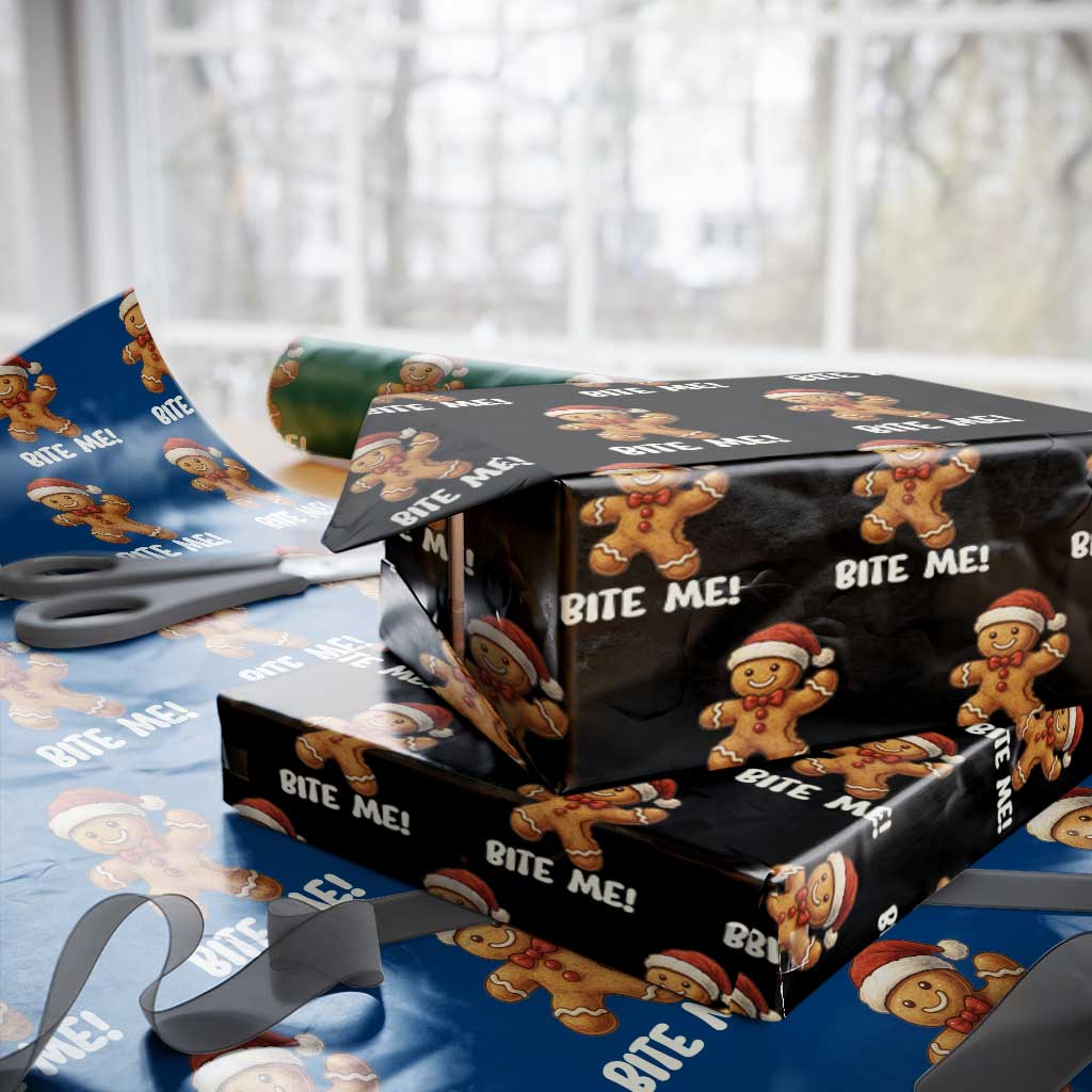 Funny Xmas Gingerbread Man Wrapping Paper Roll Cookie Bite Me - Wonder Print Shop