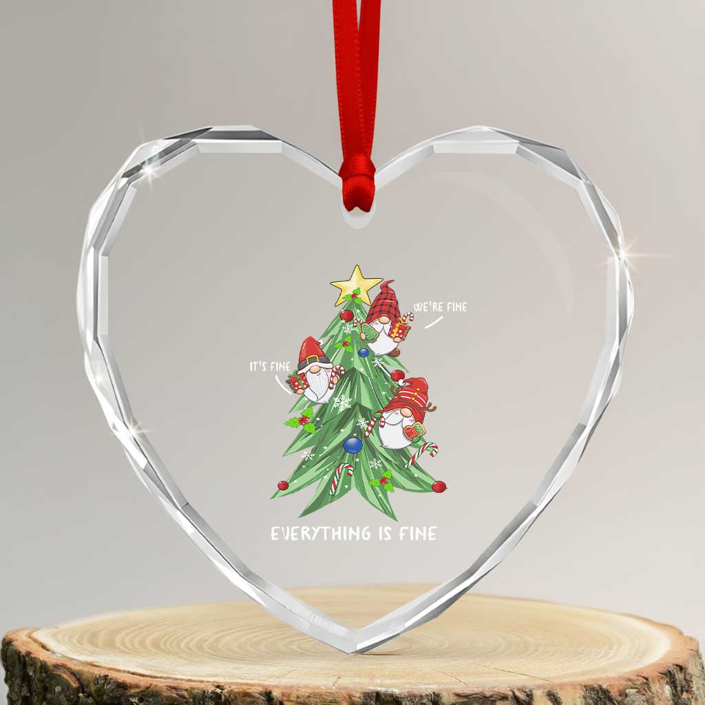 Funny Xmas Gnomies It's Fine We're Fine Everything's Fine Heart Crystal Glass Ornament - Wonder Print Shop