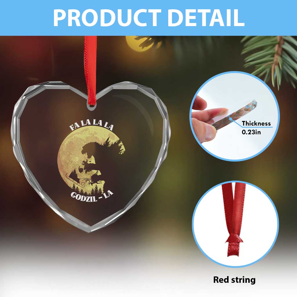 Funny Xmas Godzilla Heart Crystal Glass Ornament Falalala Godzil La Santa Reindeers Xmas Japanese Monster - Wonder Print Shop