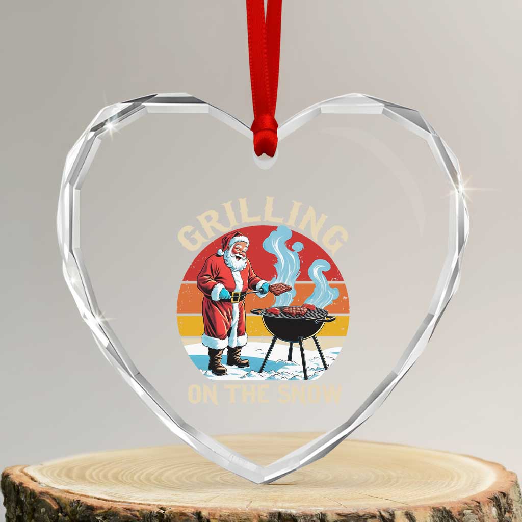 Funny Xmas Grilling Santa Heart Crystal Glass Ornament Grilling On The Snow - Wonder Print Shop