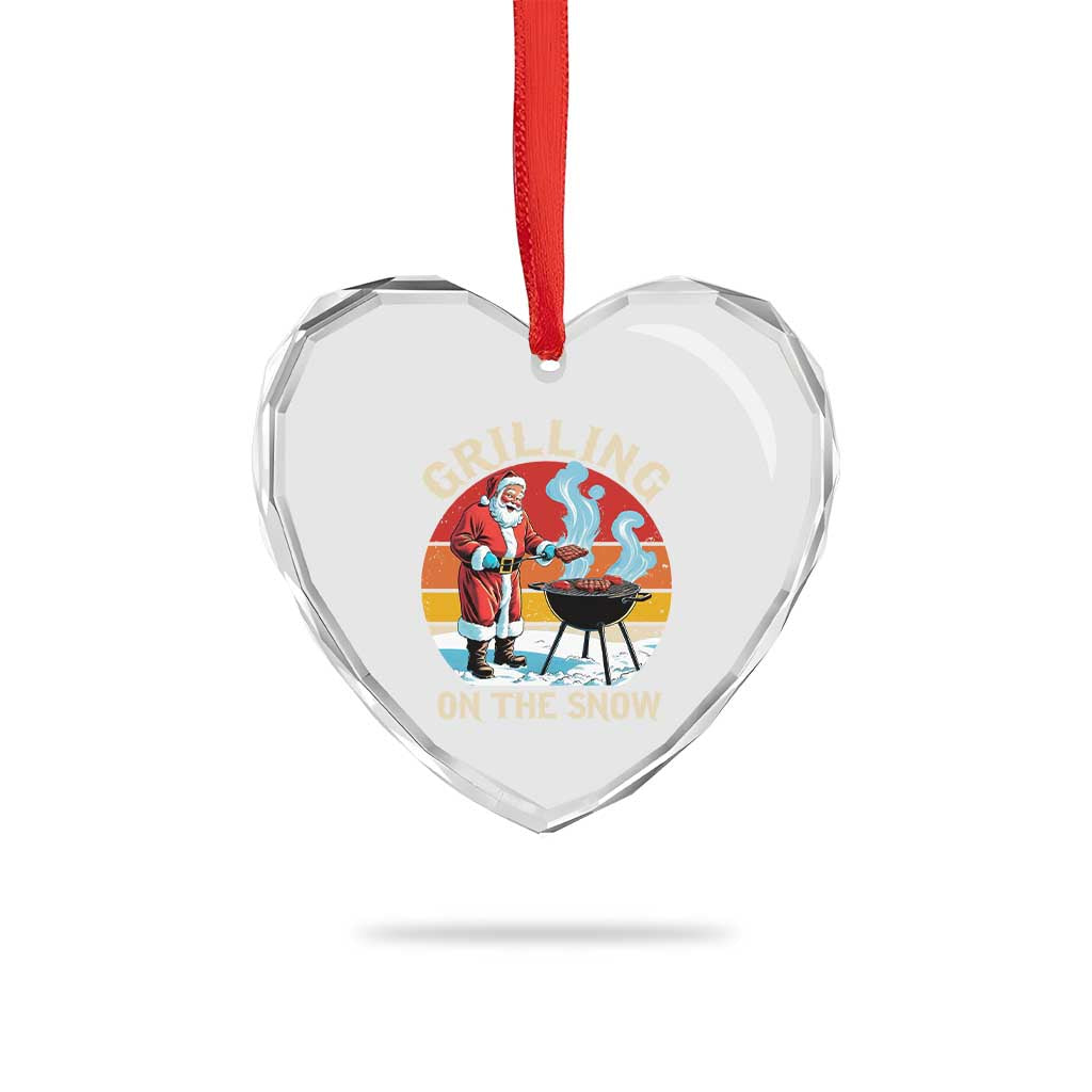 Funny Xmas Grilling Santa Heart Crystal Glass Ornament Grilling On The Snow - Wonder Print Shop